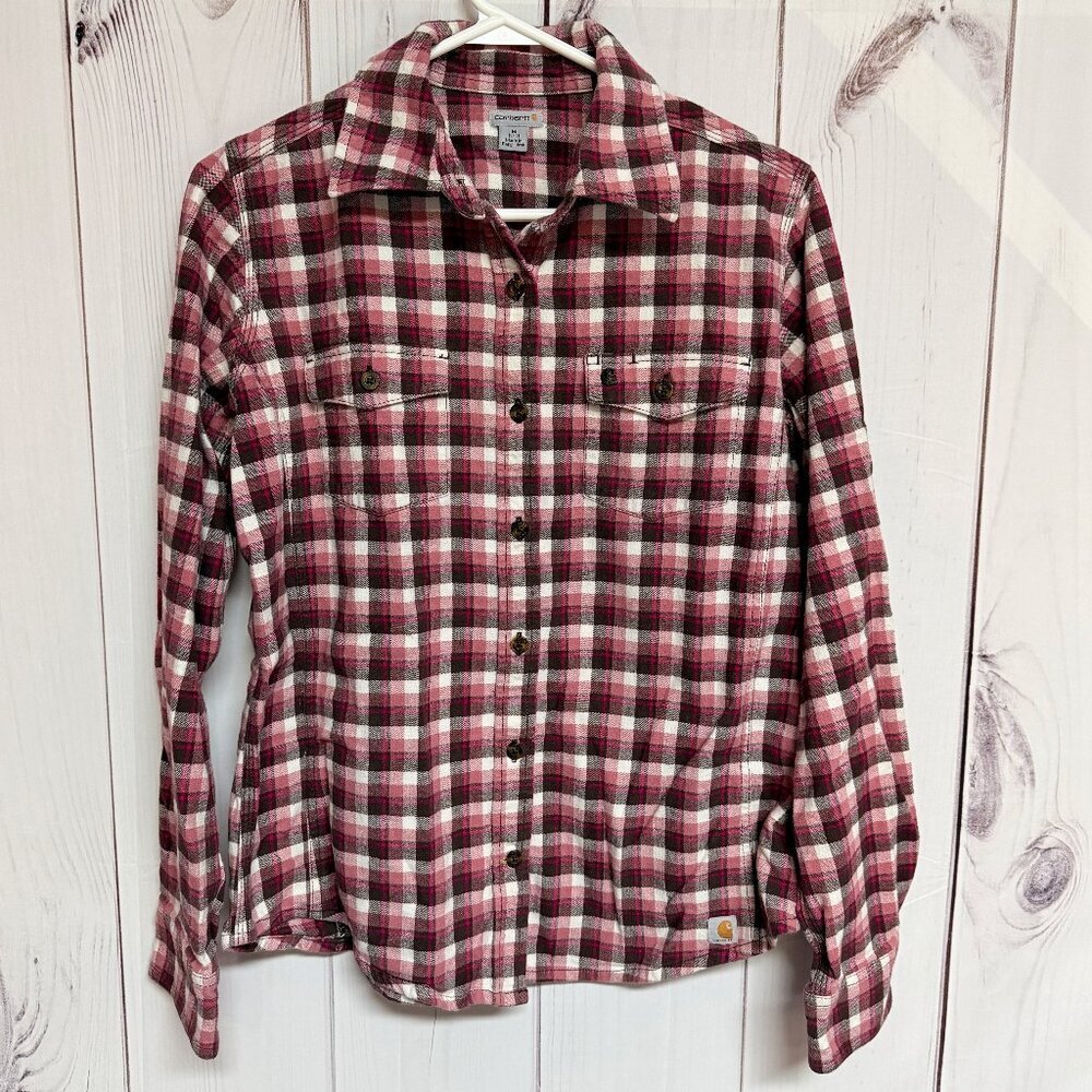 Carhartt Women’s Plaid Flannel Shirt Medium Pink Red EUC‎